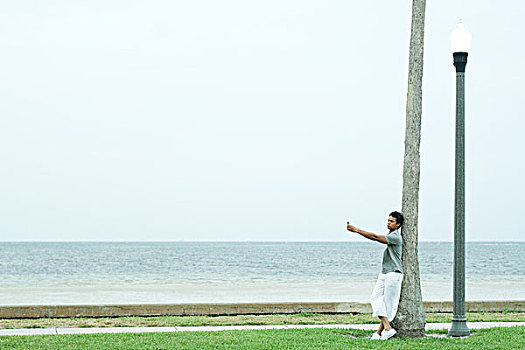 男人,倚靠,树干,靠近,海滩,摄影,手机