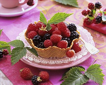 新鲜,树莓,黑莓,华夫饼,碗