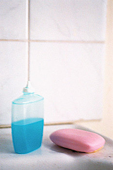 瓶子,蓝色,洗手液,粉色,肥皂块,浴室,石台