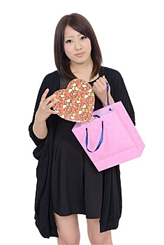 年轻,亚洲女性,购物袋,礼物