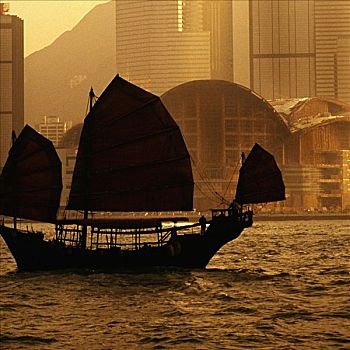 剪影,船,海中,维多利亚港,香港
