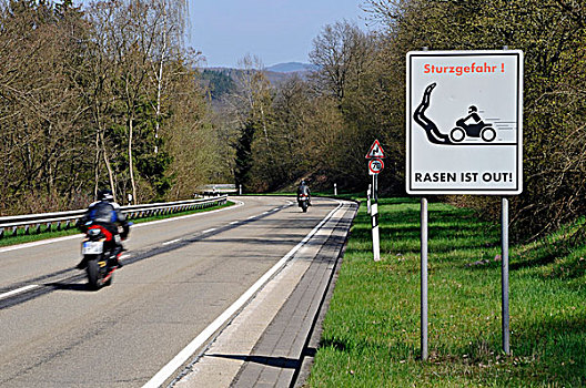摩托车手,道路,警告,标识,草坪,室外,德国,危险,弯曲,速度,欧洲