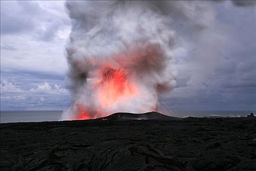 气体,云,爆炸,基拉韦厄火山,火山岩,水,太平洋,海洋,卡拉帕那,夏威夷大岛,夏威夷,美国