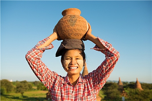亚洲人,传统,女性,农民,陶制容器