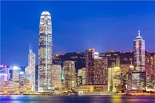 香港,城市天际线,夜晚,维多利亚港,摩天大楼