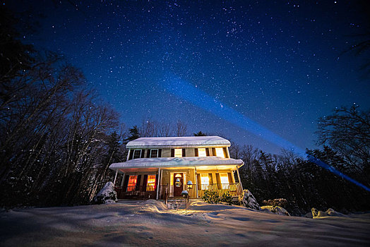 星空,冬天,新英格兰,家,雪中
