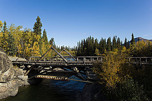 老,木桥,阿拉斯加公路,河,水獭,瀑布,育空地区,加拿大