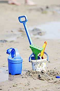 海滩,沙滩,沙子,玩具,桶,小,耙子,铲,洒水壶,象征,孩子,活动,度假