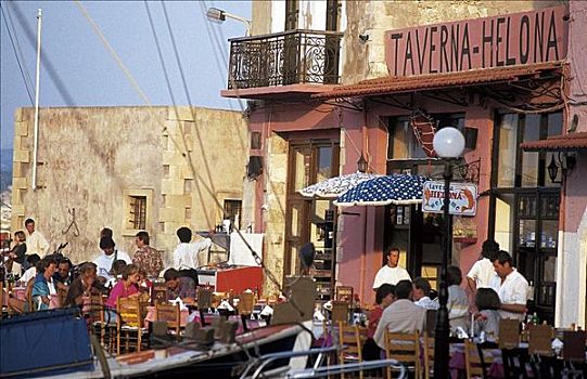 游客,酒吧,餐馆,港口,克利特岛,希腊,欧洲