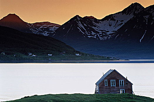 挪威,小,农舍,山,北极,日落,大幅,尺寸