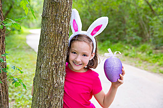 复活节,女孩,大,紫色,蛋,有趣,兔子,耳,树林