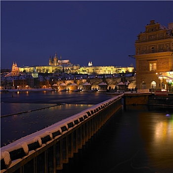 布拉格城堡,查理大桥,冬天,布拉格,捷克共和国
