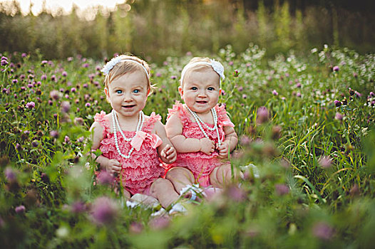 头像,婴儿,双胞胎,姐妹,坐,野花,草地,戴着,粉色,聚会,服装