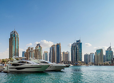 游艇,港口,摩天大楼,天际线,迪拜,码头,阿联酋,亚洲
