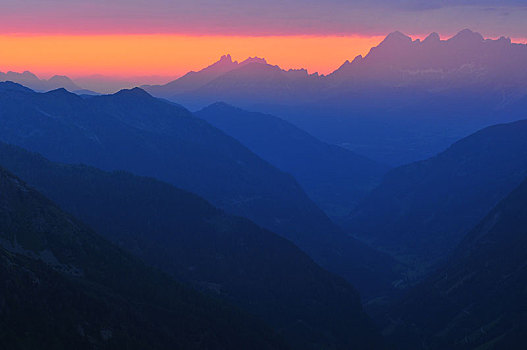 风景,顶峰,左边,山脉,右边,过去,山谷,夜光,陶安,施蒂里亚,奥地利,欧洲