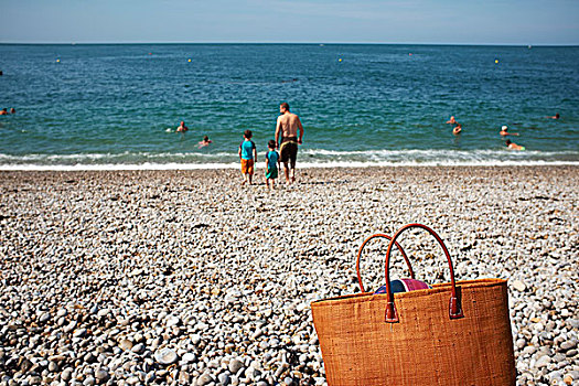 后视图,父亲,两个,儿子,海滩,诺曼底,法国