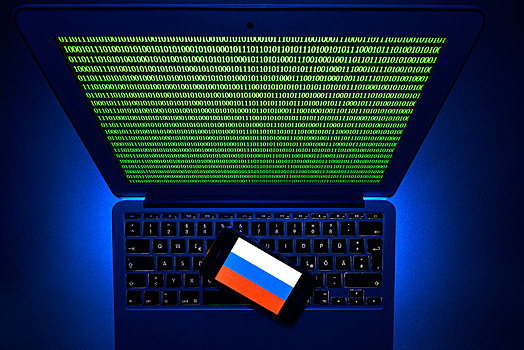 智能手机,俄罗斯国旗,电脑键盘,象征,图像,黑客,攻击,巴登符腾堡,德国,欧洲