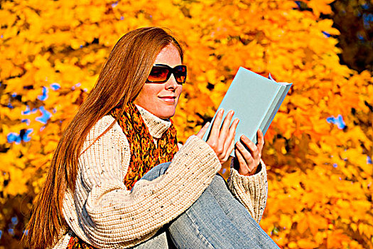 秋天,日落,红发,女人,读,书本