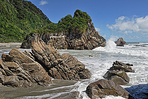 沿岸,石头,海浪,靠近,查尔斯顿,西海岸,塔斯曼海,南岛,新西兰