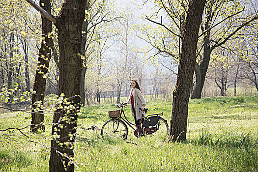 年轻,女人,头像,自行车,乡村,树林