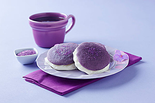 薰衣草,馅饼,紫色,盘子,一杯咖啡