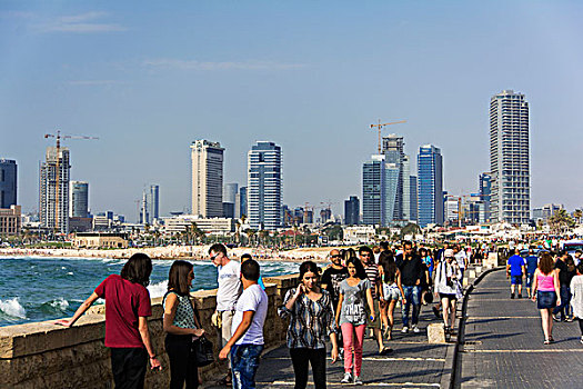 以色列,特拉维夫,天际线,高层建筑,水边,散步场所,海洋,人