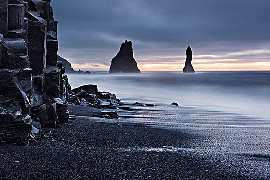 冰岛,海洋,海浪,玄武岩,柱子,亮光,早晨,气氛,暗色,黑色,蓝色