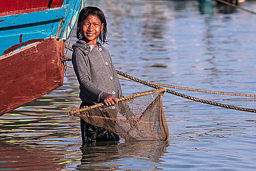 女孩,小,渔网,水,海滩,渔村,若开邦,缅甸,亚洲