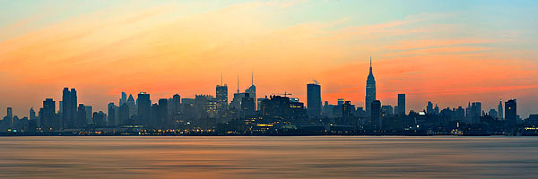 纽约,摩天大楼,剪影,市景,日出