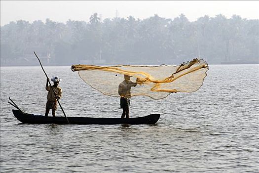 捕鱼者,投掷,渔网,泻湖,地区,喀拉拉,印度