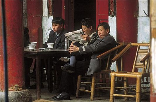 中国,四川,成都,茶馆,男人,报纸,咖啡,亚洲