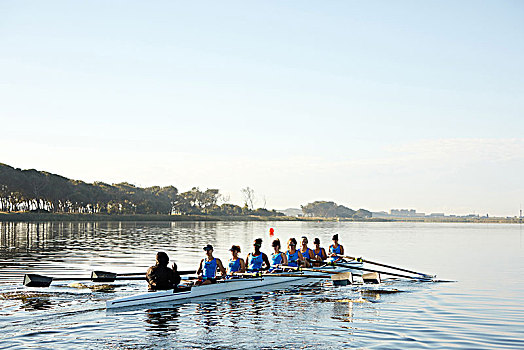 女性,桨手,划船,短桨,湖,仰视,蓝天