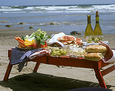 野餐桌,海滩,比萨饼,蔬菜,食物,葡萄酒