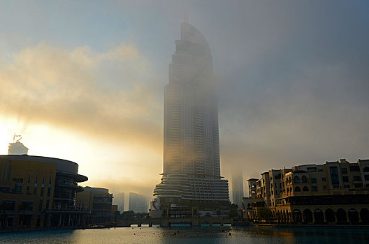 迪拜,商场,早晨,雾气,湖,哈利法,酋长国,阿联酋,亚洲