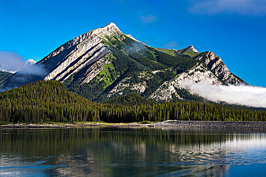 山,反射,湖,雾,蓝天,卡纳纳斯基斯县,艾伯塔省,加拿大
