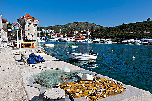 渔村,码头,湾,中心,达尔马提亚,亚得里亚海,海岸,克罗地亚,欧洲