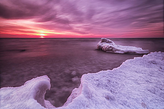 日出,冰,岸边,密歇根湖,威斯康辛,美国