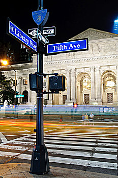 路标,第5大道,图书馆,道路,纽约公共图书馆,纽约,美国,北美