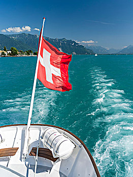 吹,后面,旗帜,瑞士,船,日内瓦湖