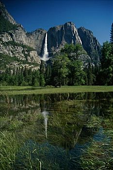 反射,瀑布,湖,上优胜美地瀑布,优胜美地国家公园,加利福尼亚,美国