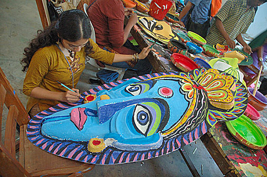 学生,艺术,达卡,大学,绘画,面具,准备,新年,白天,日历,孟加拉,四月,2008年