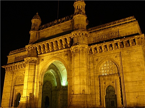 入口,印度,孟买,夜晚