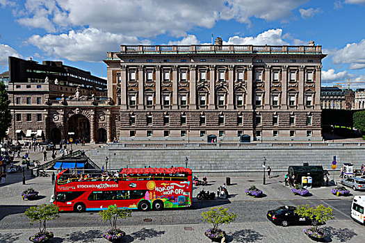 旅游巴士,正面,议会,房子,政府建筑,斯德哥尔摩,瑞典,欧洲