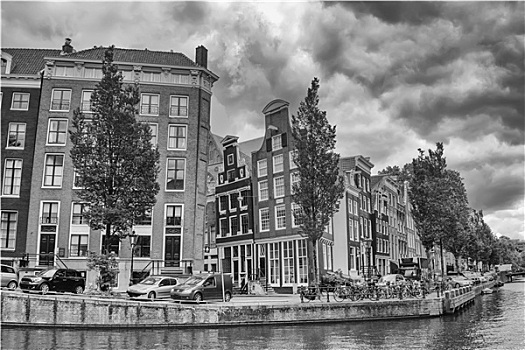 黑白,照片,阿姆斯特丹,运河
