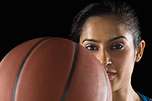 肖像,年轻,女人,拿着,篮球