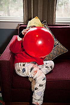 男孩,吹,向上,红色,生日,气球