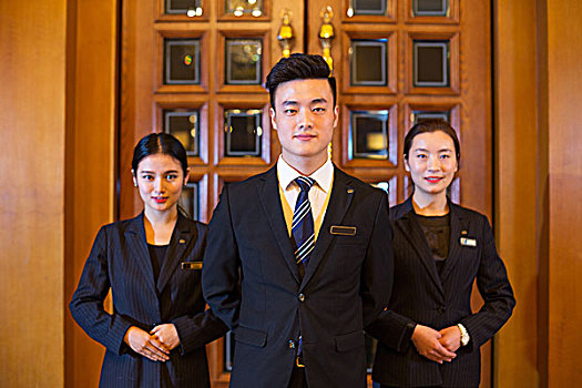 酒店,服務員,女店員,站立,門廊,微笑