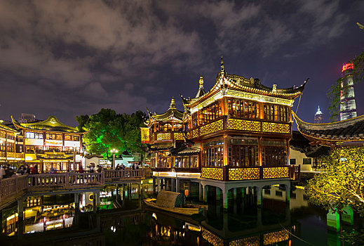 茶馆,花园,夜晚,上海,中国