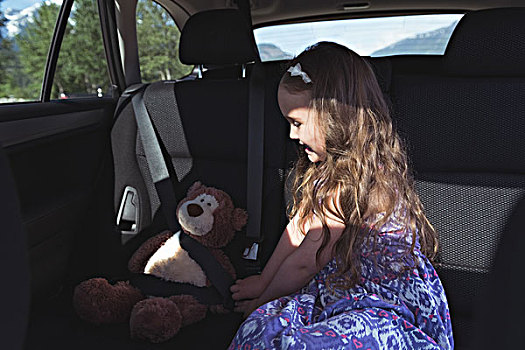 可爱,女孩,系,泰迪熊,安全带,汽车