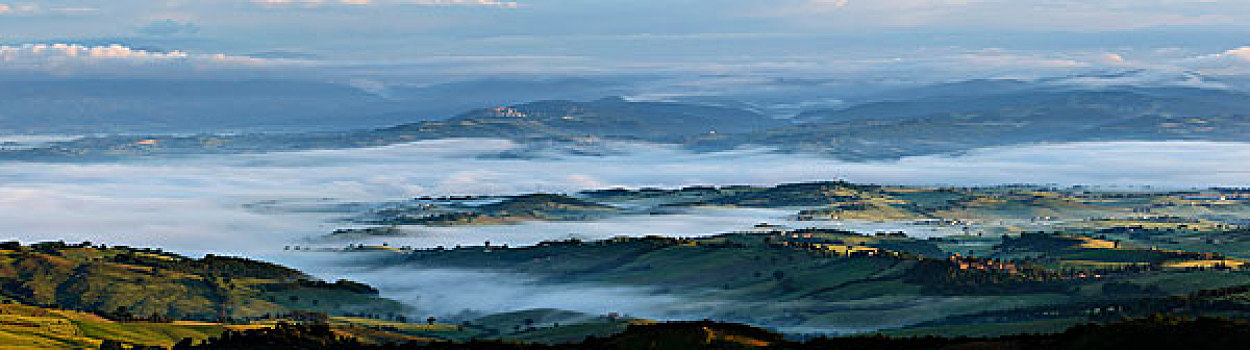 全景,风景,卡斯蒂隆塞罗,日出,晨雾,托斯卡纳南部,意大利,欧洲
